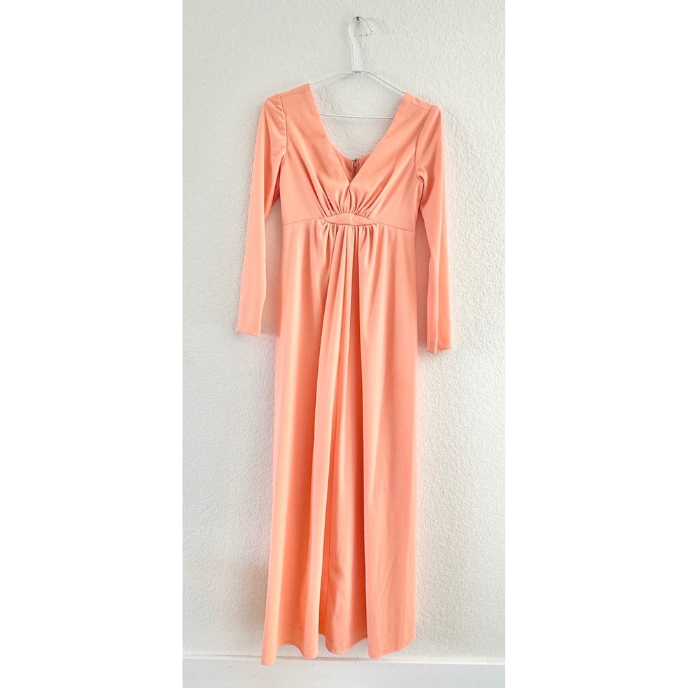Vintage Maxi Gown Polyester Solid Peach Empire Waist V-Neck Long Sleeve